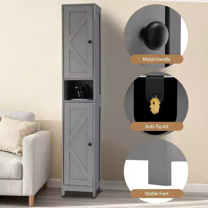 Mobiletto contenitore alto e stretto da bagno con ripiani regolabili e maniglie in metallo