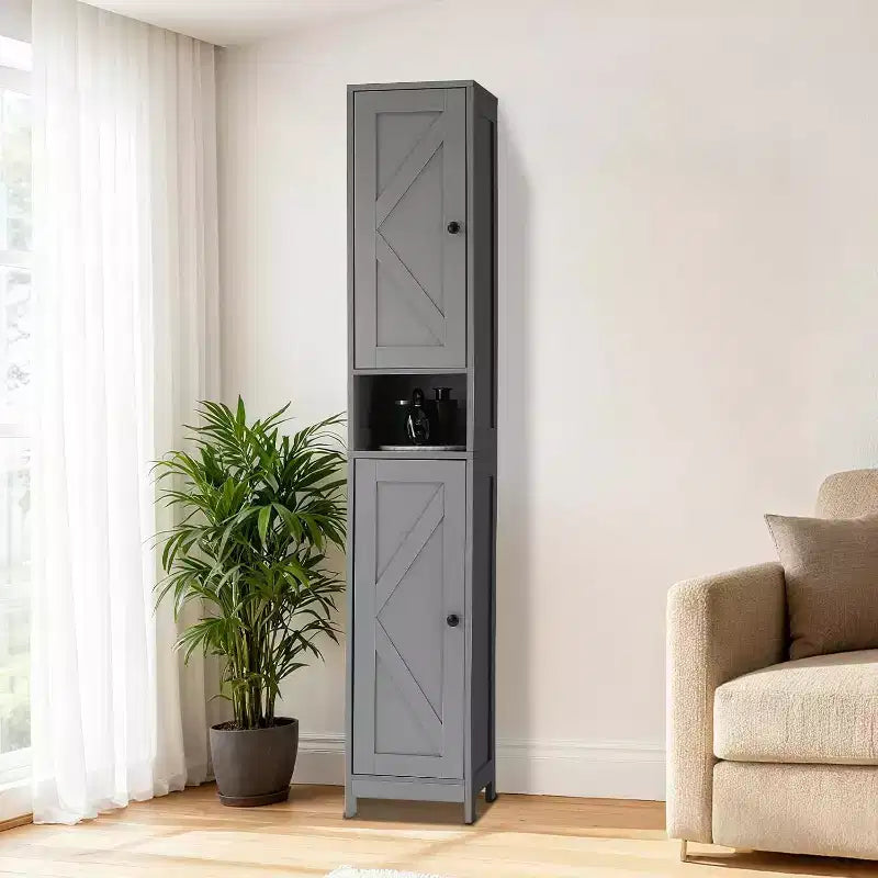 Mobiletto contenitore alto e stretto da bagno con ripiani regolabili e maniglie in metallo