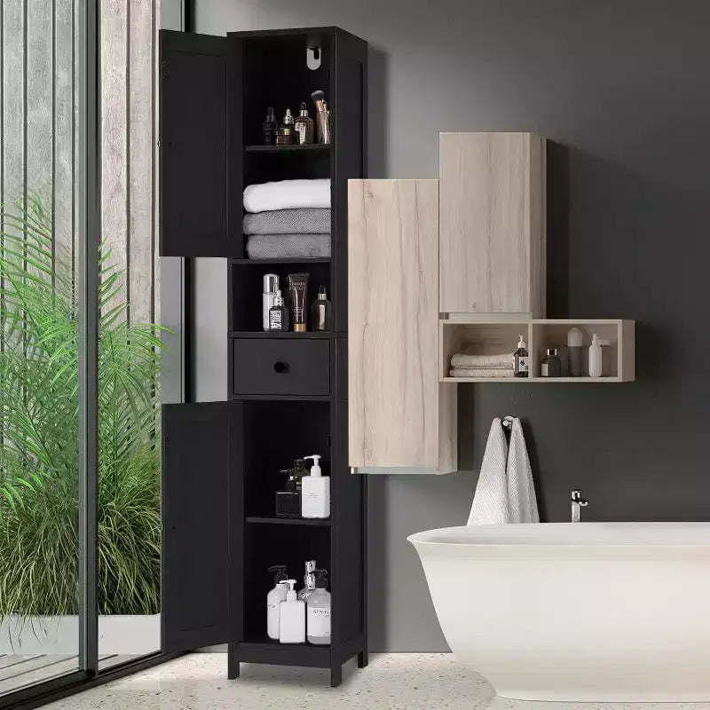 Mobiletto contenitore alto e stretto da bagno con ripiani regolabili e maniglie in metallo