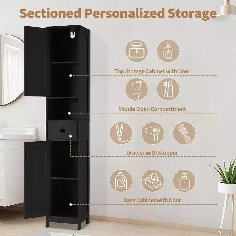 Mobiletto contenitore alto e stretto da bagno con ripiani regolabili e maniglie in metallo
