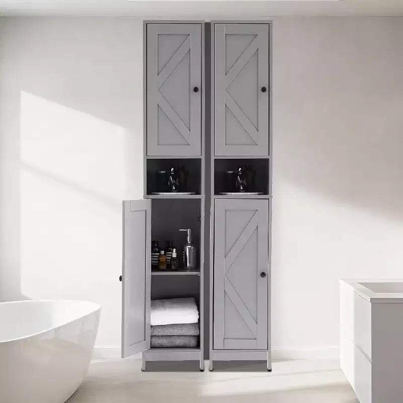 Mobiletto contenitore alto e stretto da bagno con ripiani regolabili e maniglie in metallo