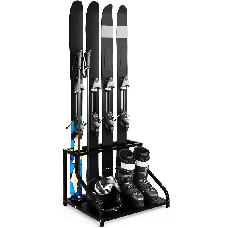Steel Ski Storage Rack, Freestanding Floor Stand Ski Holder Holds 4 Pairs of Skis, Poles, Boots, Helmet & Goggles, Ski Organizer for Garage, Basement