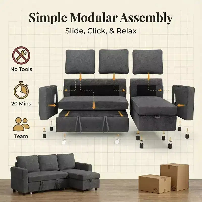 Divano Letto a L da 81" con Chaise Longue Contenitore e Tasche Laterali