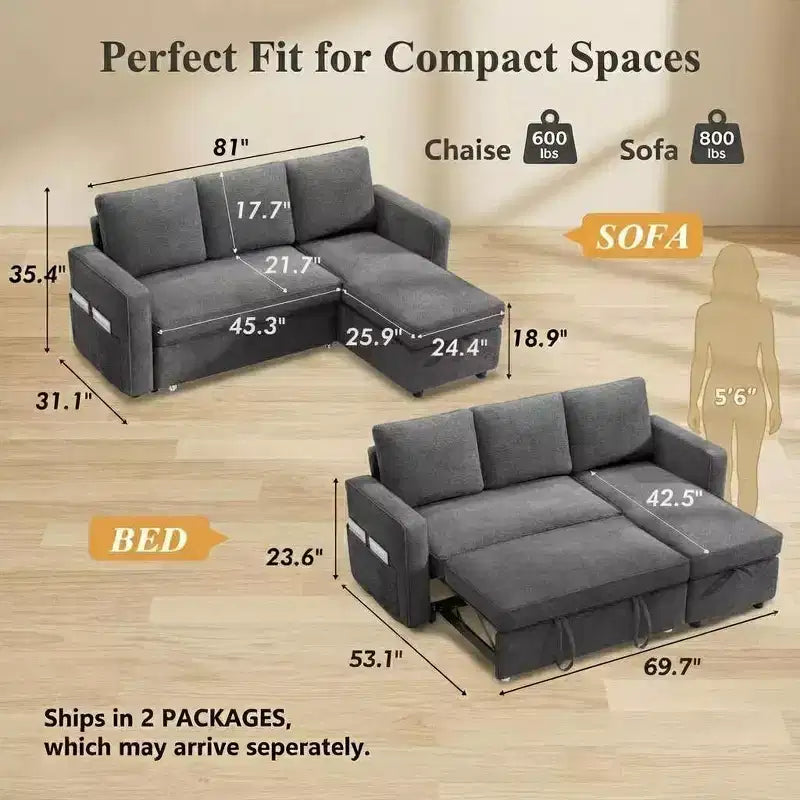 Divano Letto a L da 81" con Chaise Longue Contenitore e Tasche Laterali