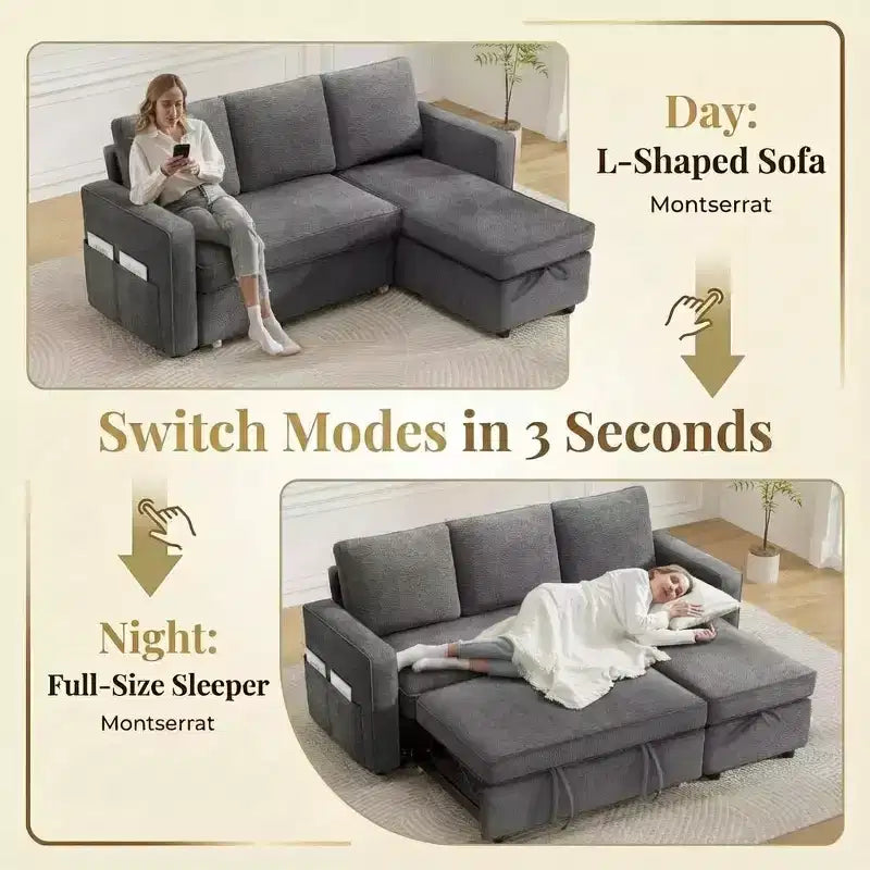 Divano Letto a L da 81" con Chaise Longue Contenitore e Tasche Laterali