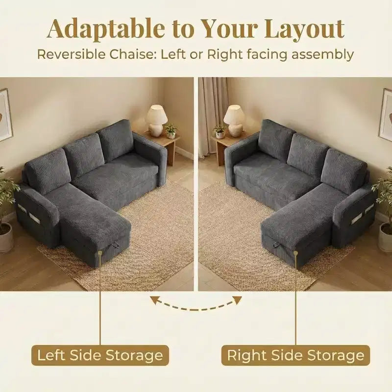 Divano Letto a L da 81" con Chaise Longue Contenitore e Tasche Laterali