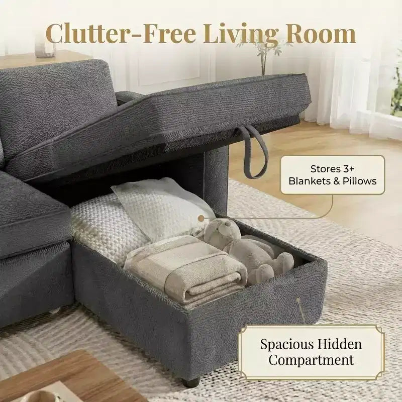 Divano Letto a L da 81" con Chaise Longue Contenitore e Tasche Laterali