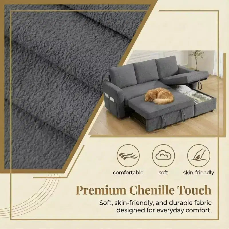 Divano Letto a L da 81" con Chaise Longue Contenitore e Tasche Laterali