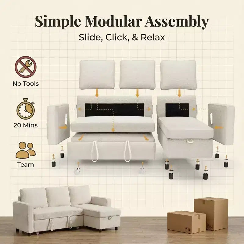 Divano Letto a L da 81" con Chaise Longue Contenitore e Tasche Laterali