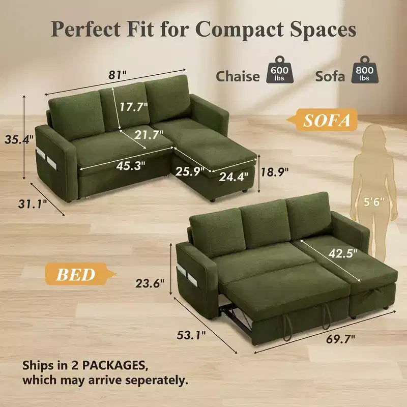 Divano Letto a L da 81" con Chaise Longue Contenitore e Tasche Laterali