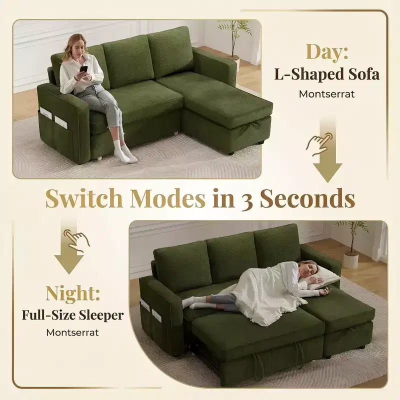 Divano Letto a L da 81" con Chaise Longue Contenitore e Tasche Laterali