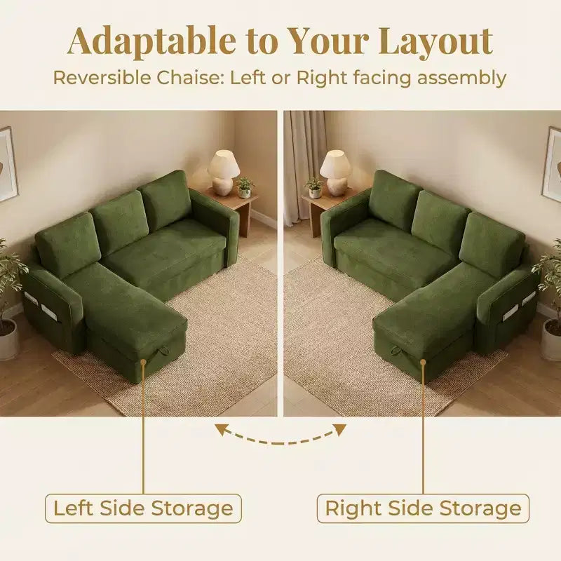 Divano Letto a L da 81" con Chaise Longue Contenitore e Tasche Laterali
