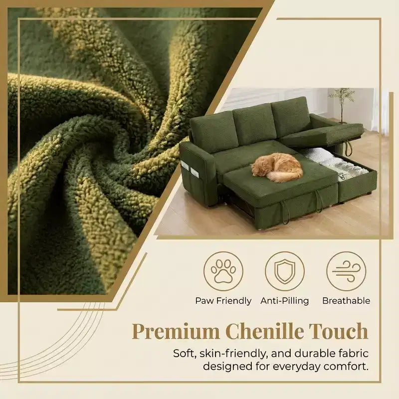 Divano Letto a L da 81" con Chaise Longue Contenitore e Tasche Laterali