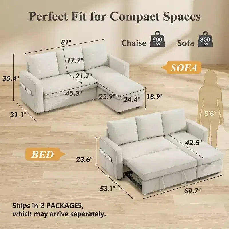 Divano Letto a L da 81" con Chaise Longue Contenitore e Tasche Laterali
