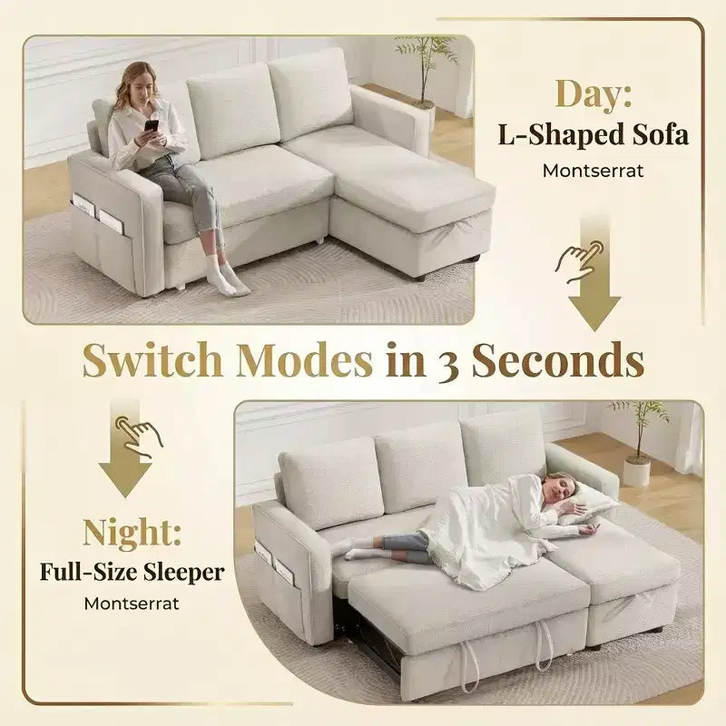 Divano Letto a L da 81" con Chaise Longue Contenitore e Tasche Laterali