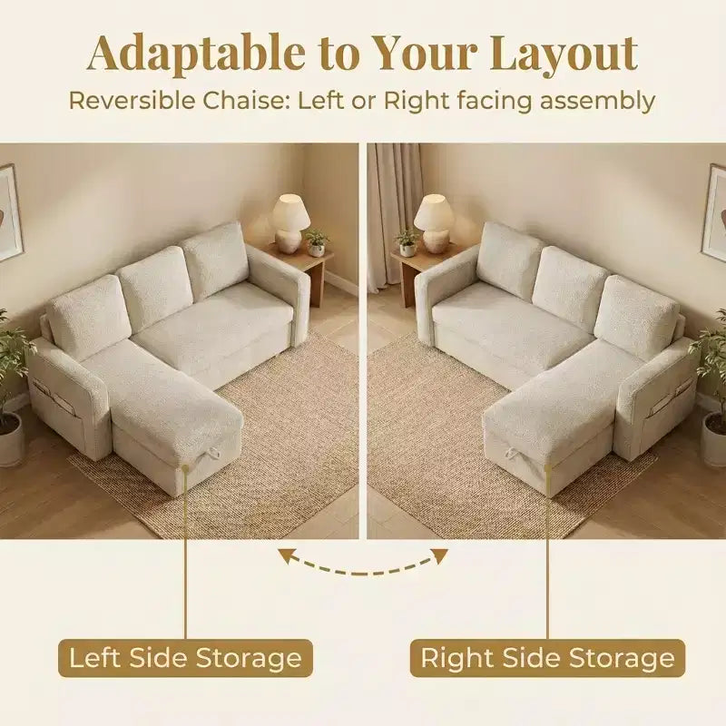 Divano Letto a L da 81" con Chaise Longue Contenitore e Tasche Laterali