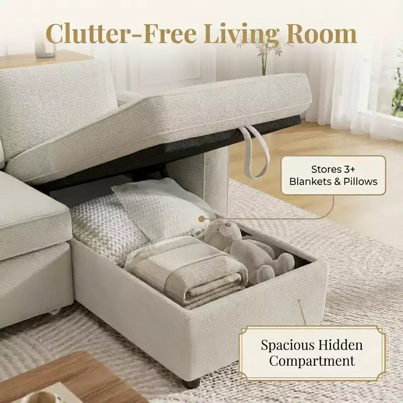 Divano Letto a L da 81" con Chaise Longue Contenitore e Tasche Laterali