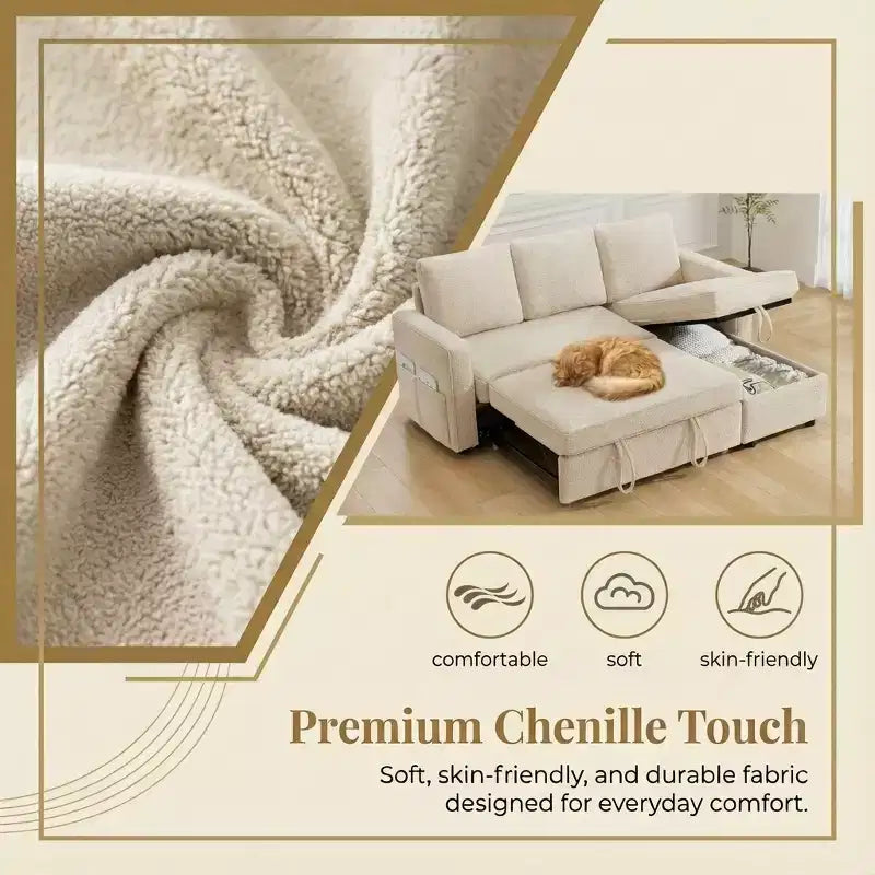 Divano Letto a L da 81" con Chaise Longue Contenitore e Tasche Laterali