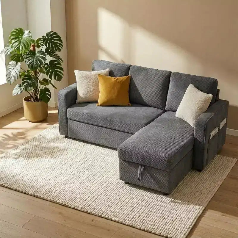 Divano Letto a L da 81" con Chaise Longue Contenitore e Tasche Laterali