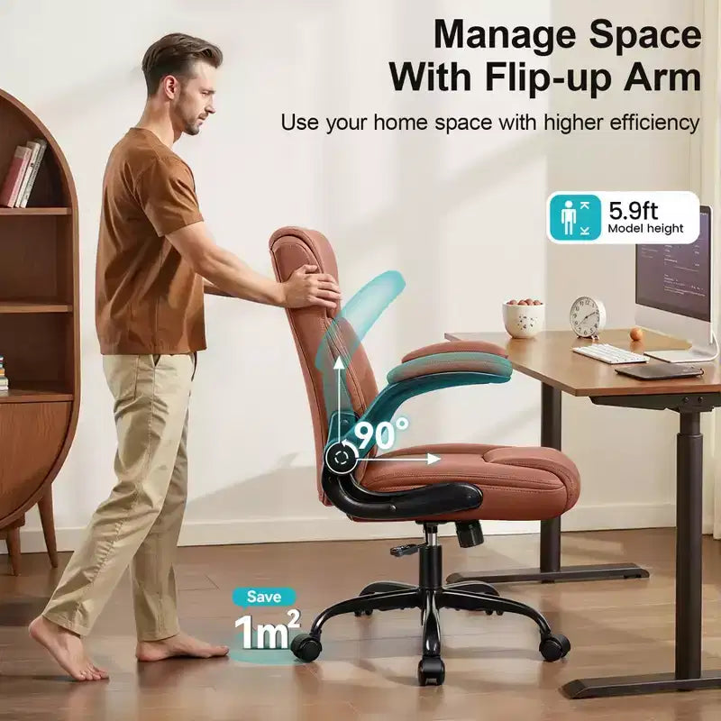 Sedia da ufficio ergonomica con schienale alto in pelle PU e braccioli ribaltabili