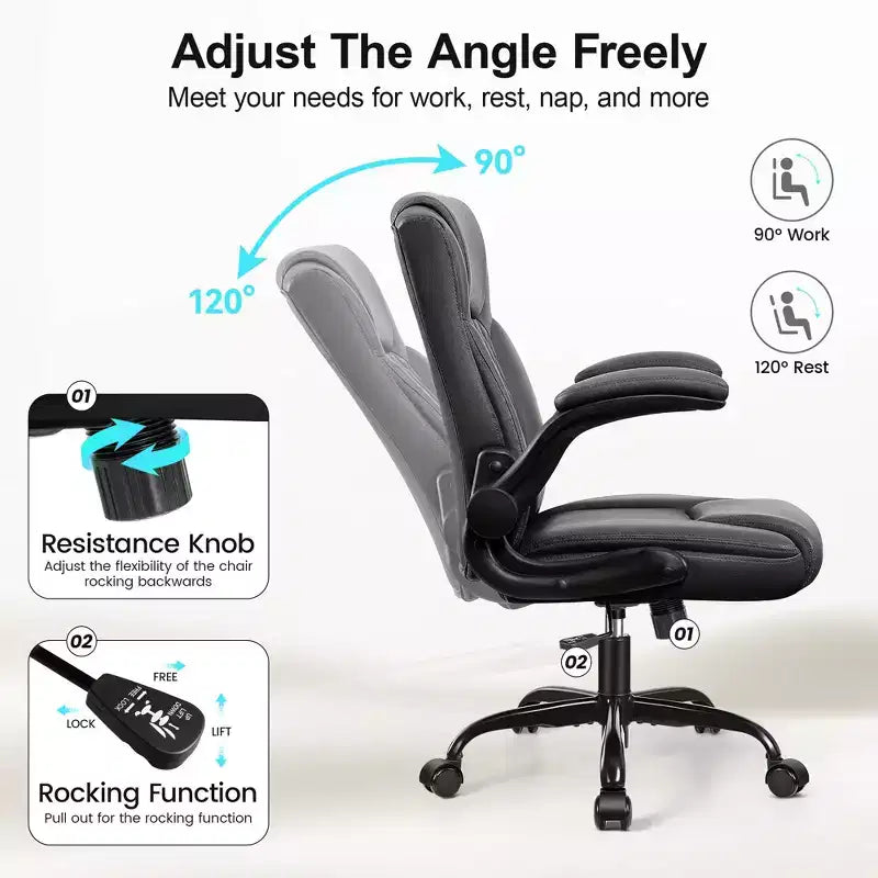 Sedia da ufficio ergonomica con schienale alto in pelle PU e braccioli ribaltabili