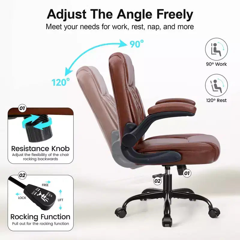 Sedia da ufficio ergonomica con schienale alto in pelle PU e braccioli ribaltabili