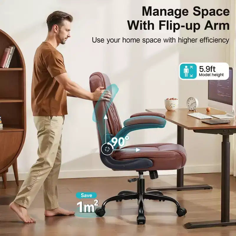 Sedia da ufficio ergonomica con schienale alto in pelle PU e braccioli ribaltabili
