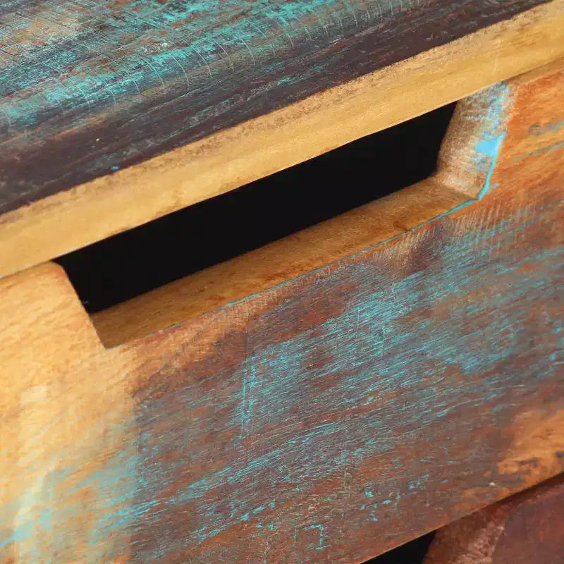 Scrivania in legno di recupero con gambe in ferro e cassetti