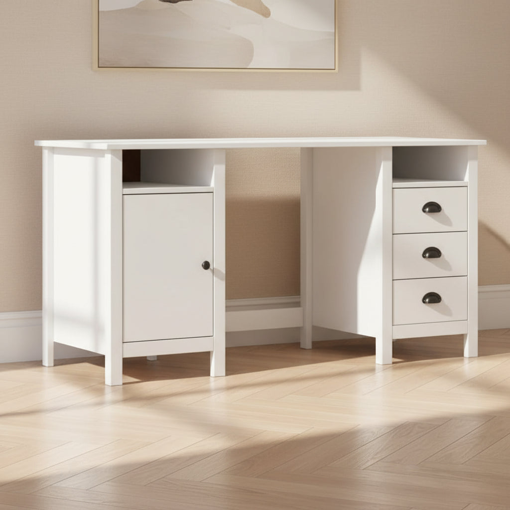 vidaXL Desk White Solid Pine Wood Standard Desk Rectangular Rustic