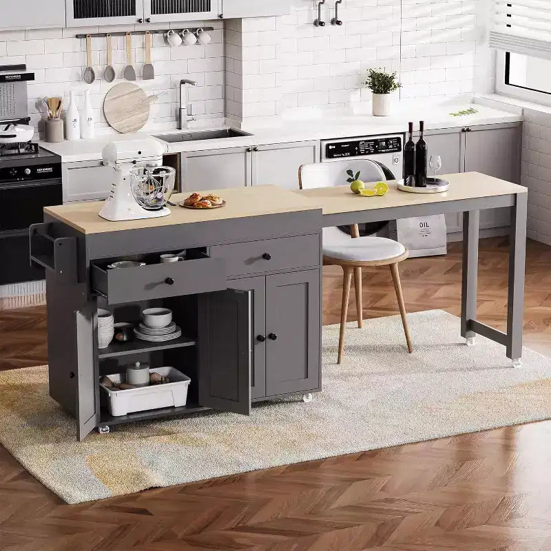 Carrello da cucina su ruote 74,5 Carrello da cucina su ruote con tavolo allungabile, portaprofumi, 2 cassetti, 4 ante; carrello grigio per casa, cucina o garage