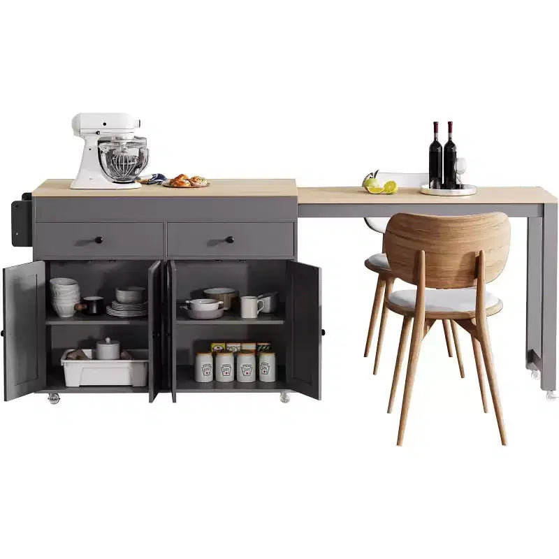 Carrello da cucina su ruote 74,5 Carrello da cucina su ruote con tavolo allungabile, portaprofumi, 2 cassetti, 4 ante; carrello grigio per casa, cucina o garage