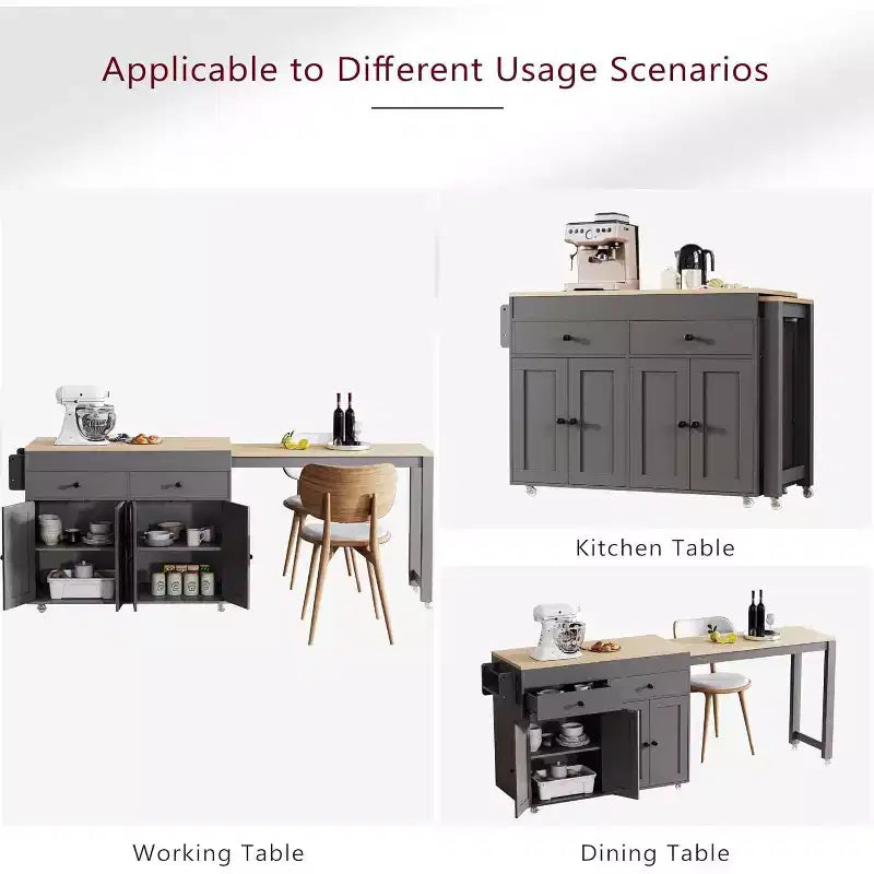 Carrello da cucina su ruote 74,5 Carrello da cucina su ruote con tavolo allungabile, portaprofumi, 2 cassetti, 4 ante; carrello grigio per casa, cucina o garage