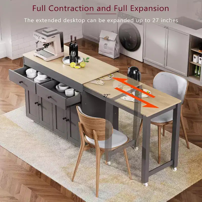 Carrello da cucina su ruote 74,5 Carrello da cucina su ruote con tavolo allungabile, portaprofumi, 2 cassetti, 4 ante; carrello grigio per casa, cucina o garage