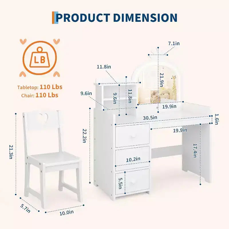 Toeletta per Bambini con Luci, Tavolo Trucco 2 in 1 con Sgabello e Cassetti