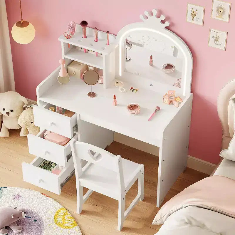 Toeletta per Bambini con Luci, Tavolo Trucco 2 in 1 con Sgabello e Cassetti