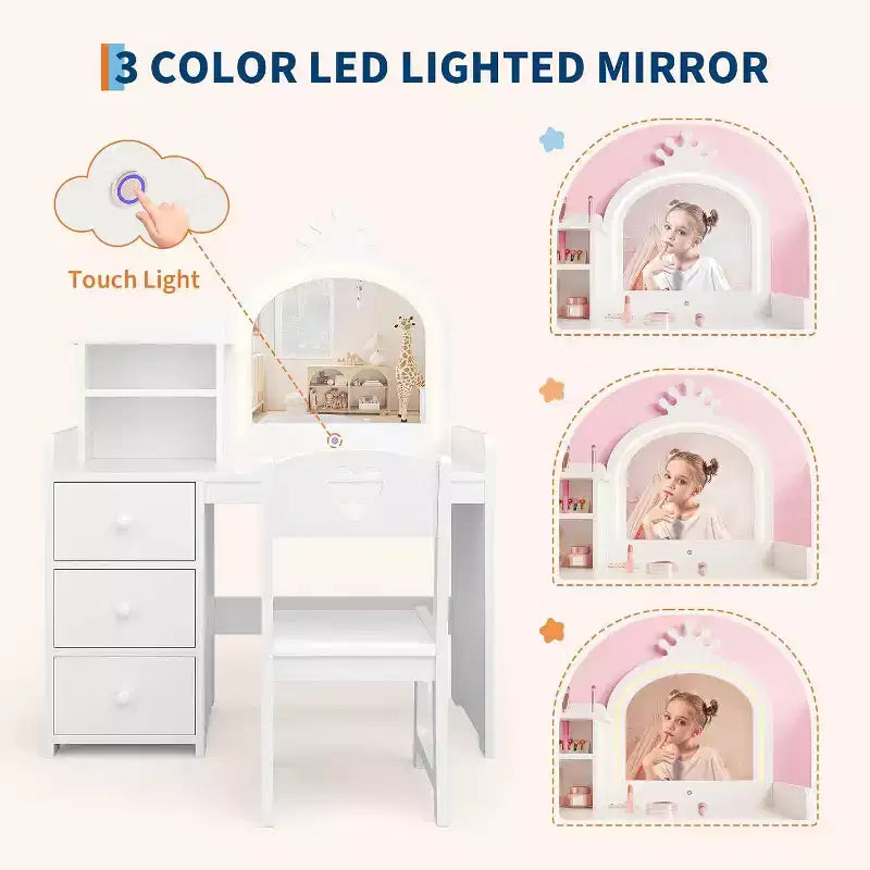 Toeletta per Bambini con Luci, Tavolo Trucco 2 in 1 con Sgabello e Cassetti