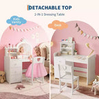 Toeletta per Bambini con Luci, Tavolo Trucco 2 in 1 con Sgabello e Cassetti