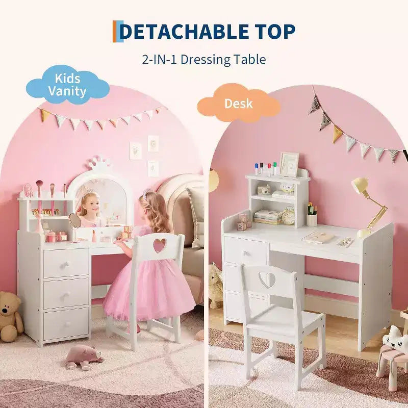 Toeletta per Bambini con Luci, Tavolo Trucco 2 in 1 con Sgabello e Cassetti