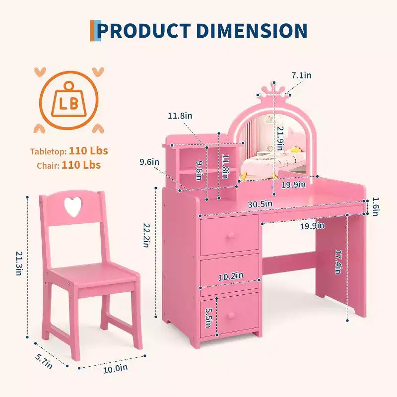 Toeletta per Bambini con Luci, Tavolo Trucco 2 in 1 con Sgabello e Cassetti