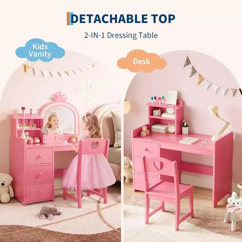 Toeletta per Bambini con Luci, Tavolo Trucco 2 in 1 con Sgabello e Cassetti