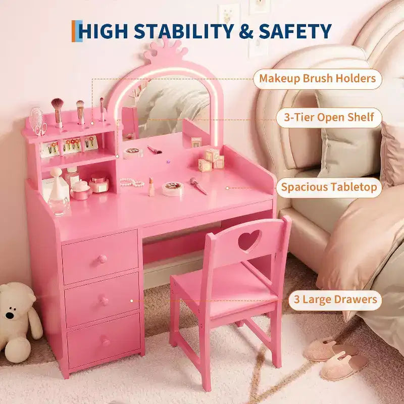 Toeletta per Bambini con Luci, Tavolo Trucco 2 in 1 con Sgabello e Cassetti