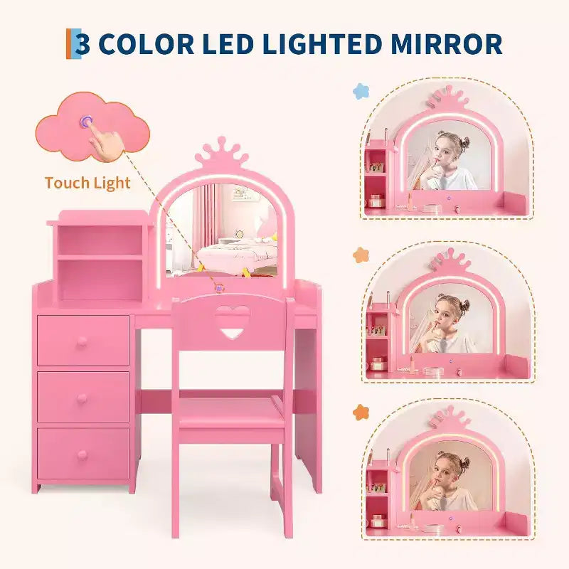Toeletta per Bambini con Luci, Tavolo Trucco 2 in 1 con Sgabello e Cassetti