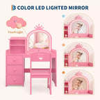 Toeletta per Bambini con Luci, Tavolo Trucco 2 in 1 con Sgabello e Cassetti