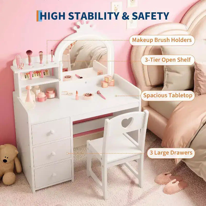 Toeletta per Bambini con Luci, Tavolo Trucco 2 in 1 con Sgabello e Cassetti