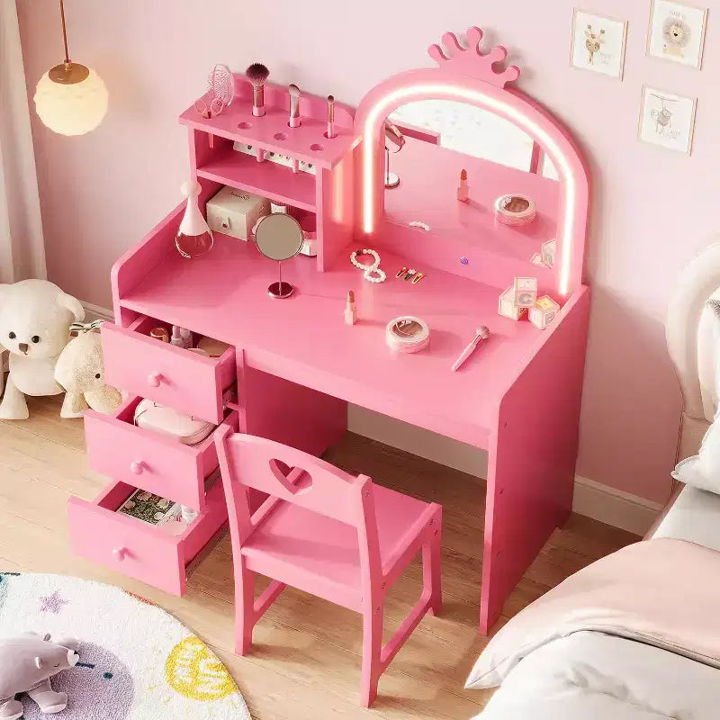 Toeletta per Bambini con Luci, Tavolo Trucco 2 in 1 con Sgabello e Cassetti