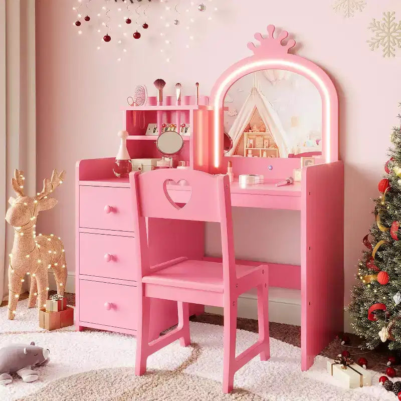 Toeletta per Bambini con Luci, Tavolo Trucco 2 in 1 con Sgabello e Cassetti