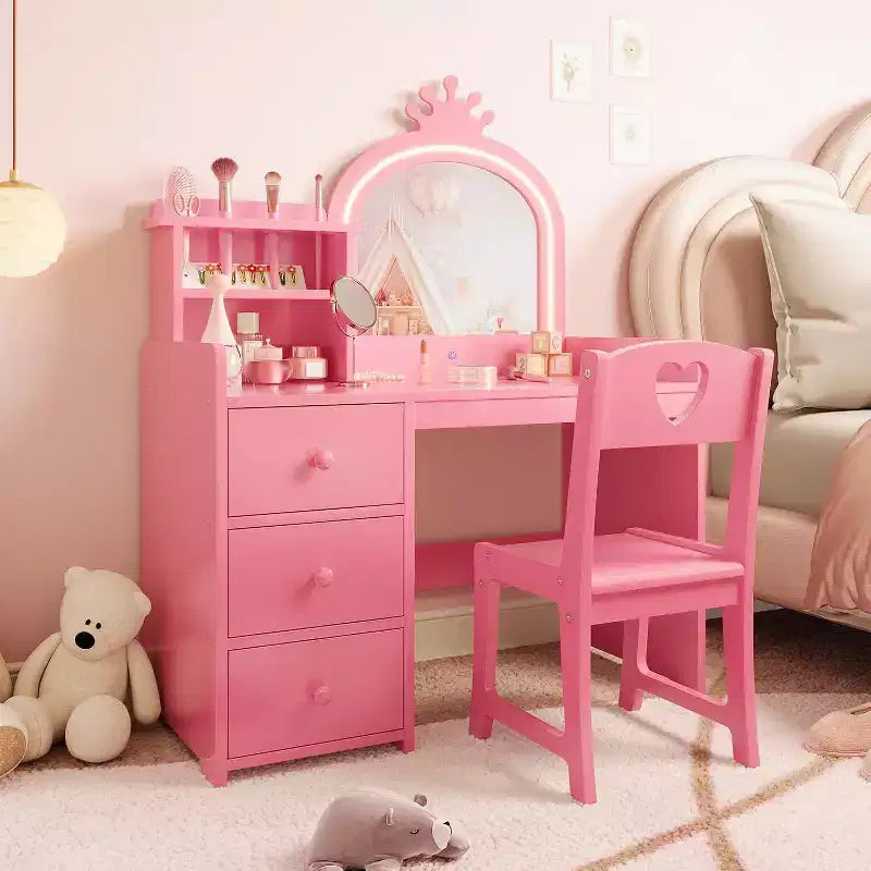 Toeletta per Bambini con Luci, Tavolo Trucco 2 in 1 con Sgabello e Cassetti