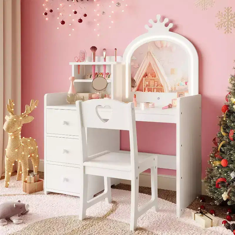 Acekool Kids Vanity with Lights, 2-in-1 Princess Makeup Table with Stool & Drawers, Convertible Desk for Bedroom