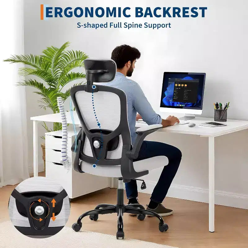 Sedia da ufficio ergonomica in rete con poggiatesta regolabile e braccioli ribaltabili