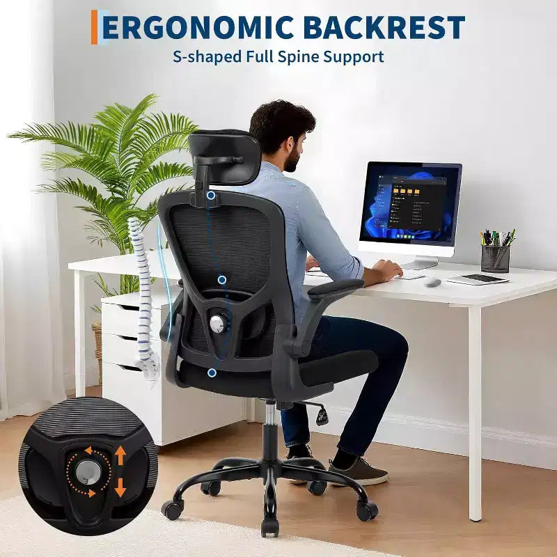 Sedia da ufficio ergonomica in rete con poggiatesta regolabile e braccioli ribaltabili